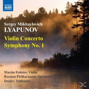Albumcover mit Text für Violinkonzert und Sinfonie Nr. 1. Eine neblige Landschaft mit Bäumen.