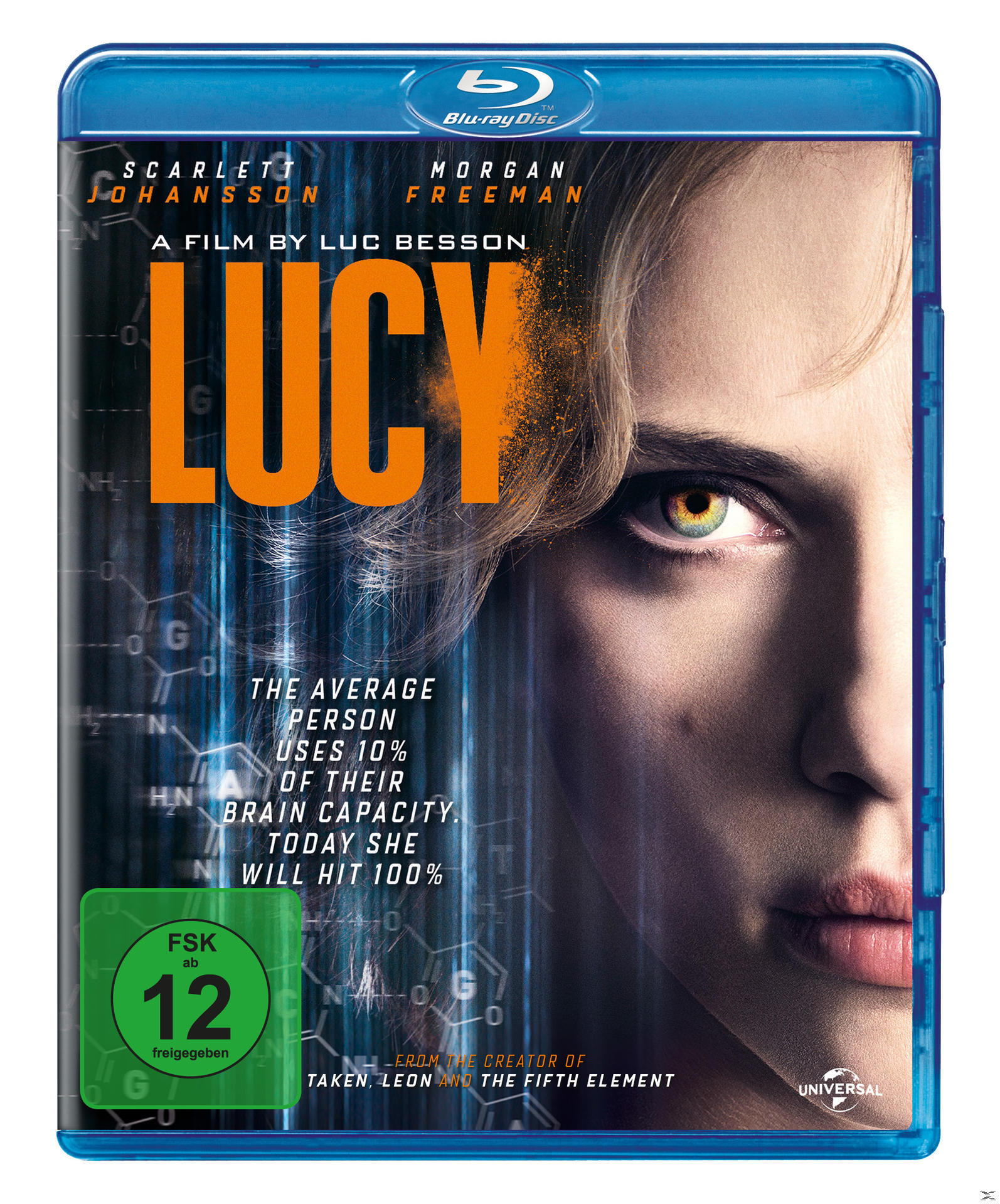 Blu-ray-Disc-Cover mit Scarlett Johansson und Morgan Freeman. Titel: Lucy.