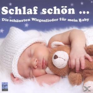CD-Cover mit einem schlafenden Baby mit Hut, das einen Teddybären hält. Der Albumtitel lautet 'Schlaf schön...'