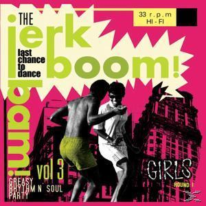 Albumcover mit zwei tanzenden Figuren. Der Titel lautet 'The Jerk Boom!' und 'Girls' steht darauf.