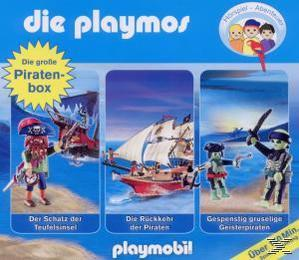 Drei Tafeln mit Piraten-Playmobil-Figuren und einem Schiff. Blau.