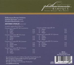 CD-Coverrückseite: Titelliste für Vivaldi vom Philharmonia Baroque Orchestra. Grüner und violetter Hintergrund.