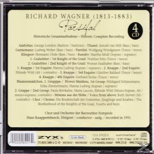 CD-Rückseite mit Text über Richard Wagners Parsifal, Trackliste und Credits.