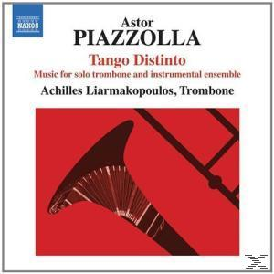Albumcover mit rotem Hintergrund und einer schwarzen Posaune. Der Titel ist Tango Distinto.