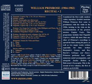 Rückseite einer CD-Hülle mit Text. Titel: 'William Primrose Recital 2'. Listet Songs und Interpreten auf.
