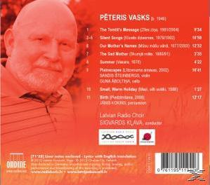 CD-Cover mit einem Porträt von Péteris Vasks und einer Titelliste auf orangefarbenem Hintergrund.