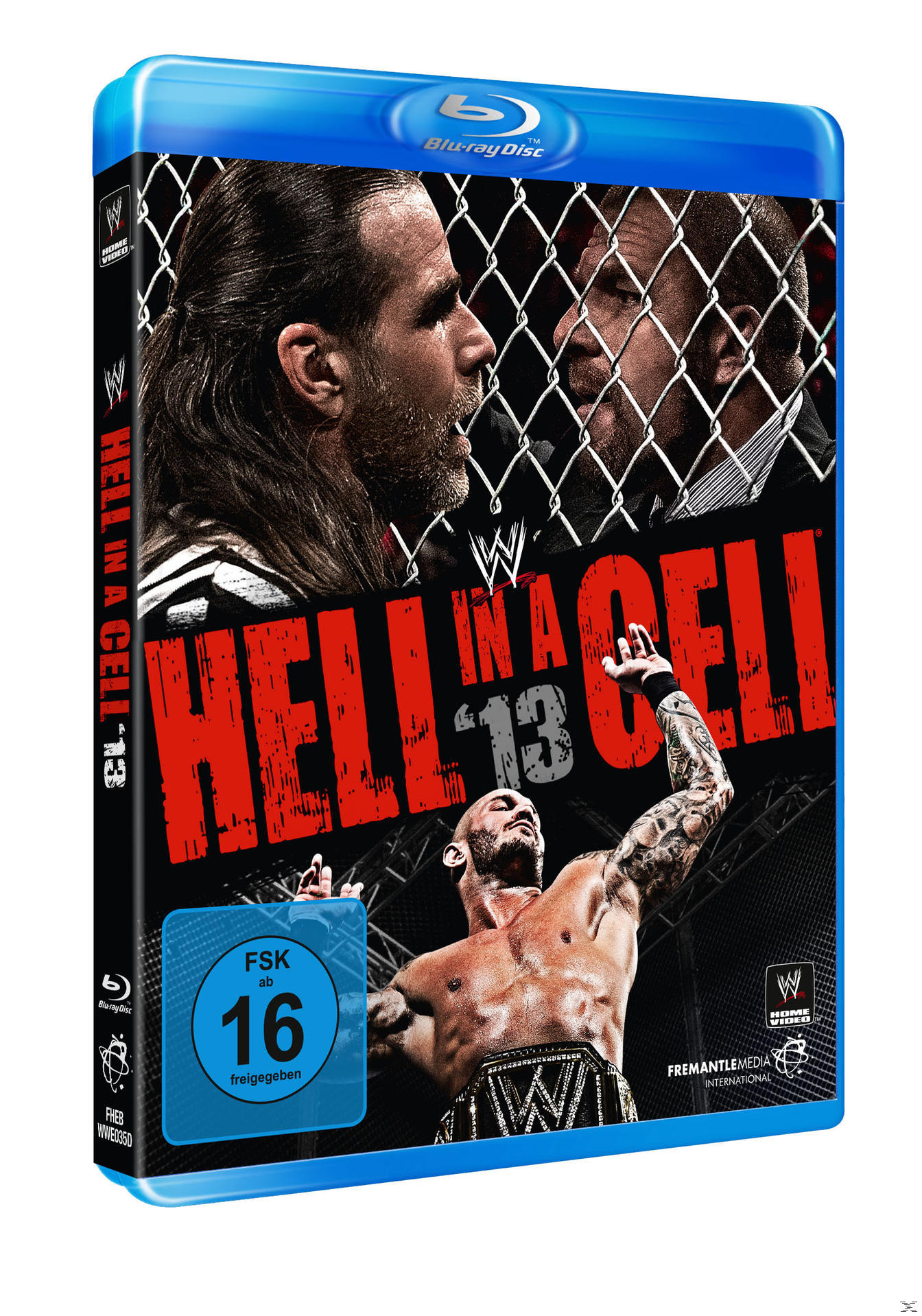 Blu-ray Disc Cover: WWE 'Hell in a Cell 13', mit Wrestlern, die sich gegenüberstehen, und einem Logo.