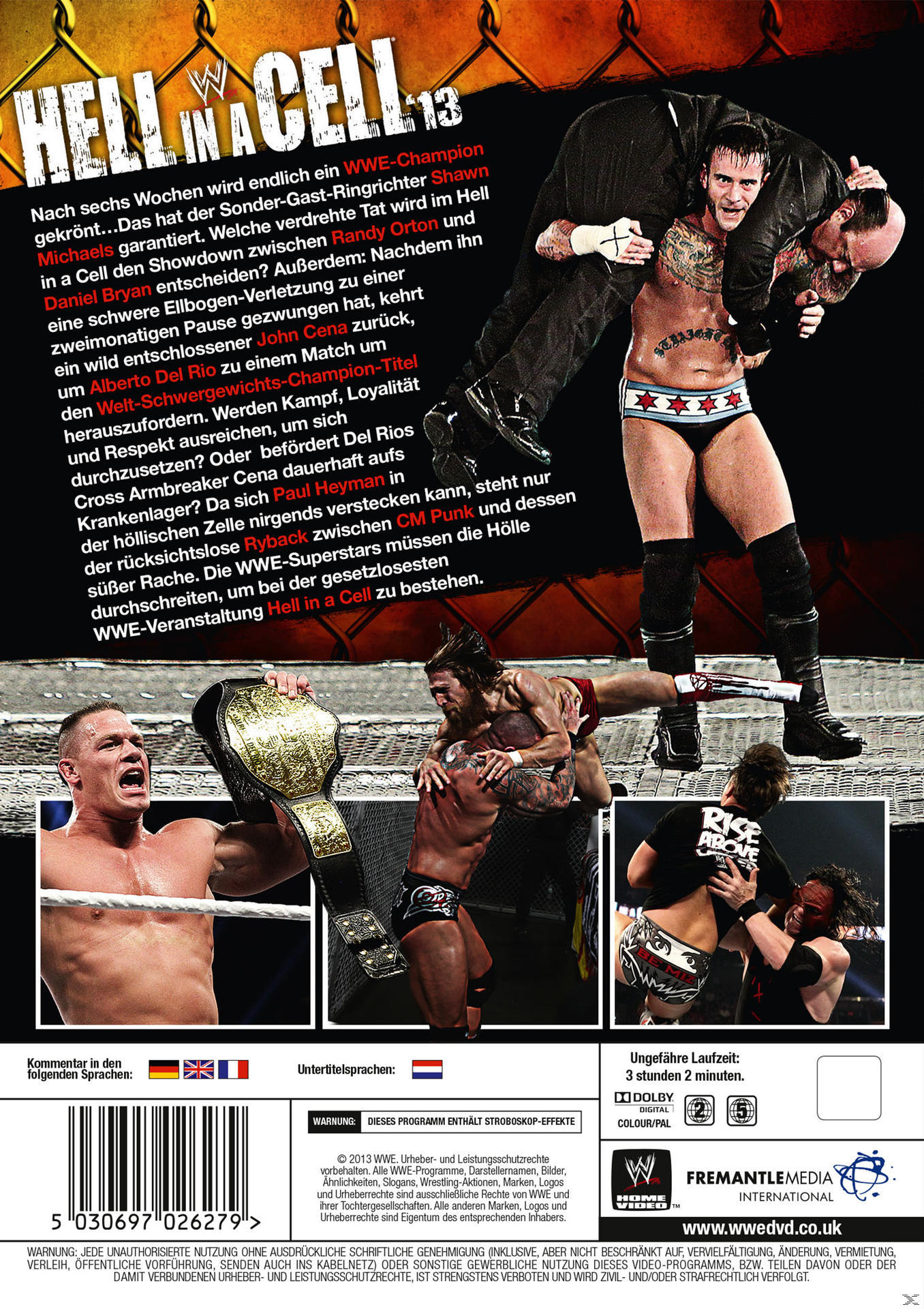 Rückseite einer DVD mit Wrestling-Szene, Text 'HELL IN A CELL 13' und Bilder von Wrestlern.