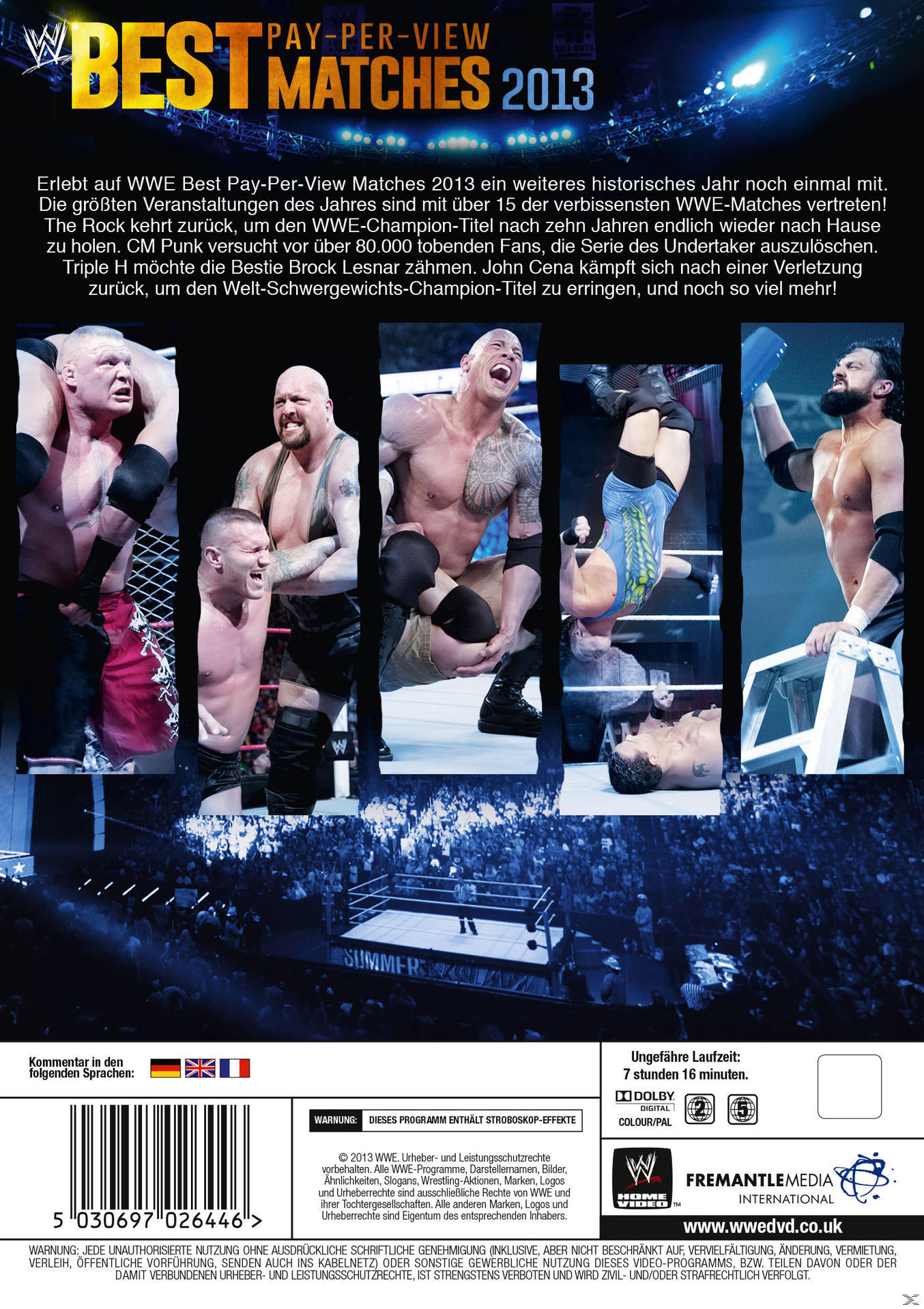 WWE Best Pay-Per-View Matches 2013 DVD-Cover. Wrestler in einem Ring. Text auf Englisch und Deutsch.