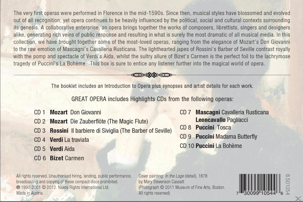 Rückseite einer CD-Hülle, mit Text über Oper und einer Liste von CDs.