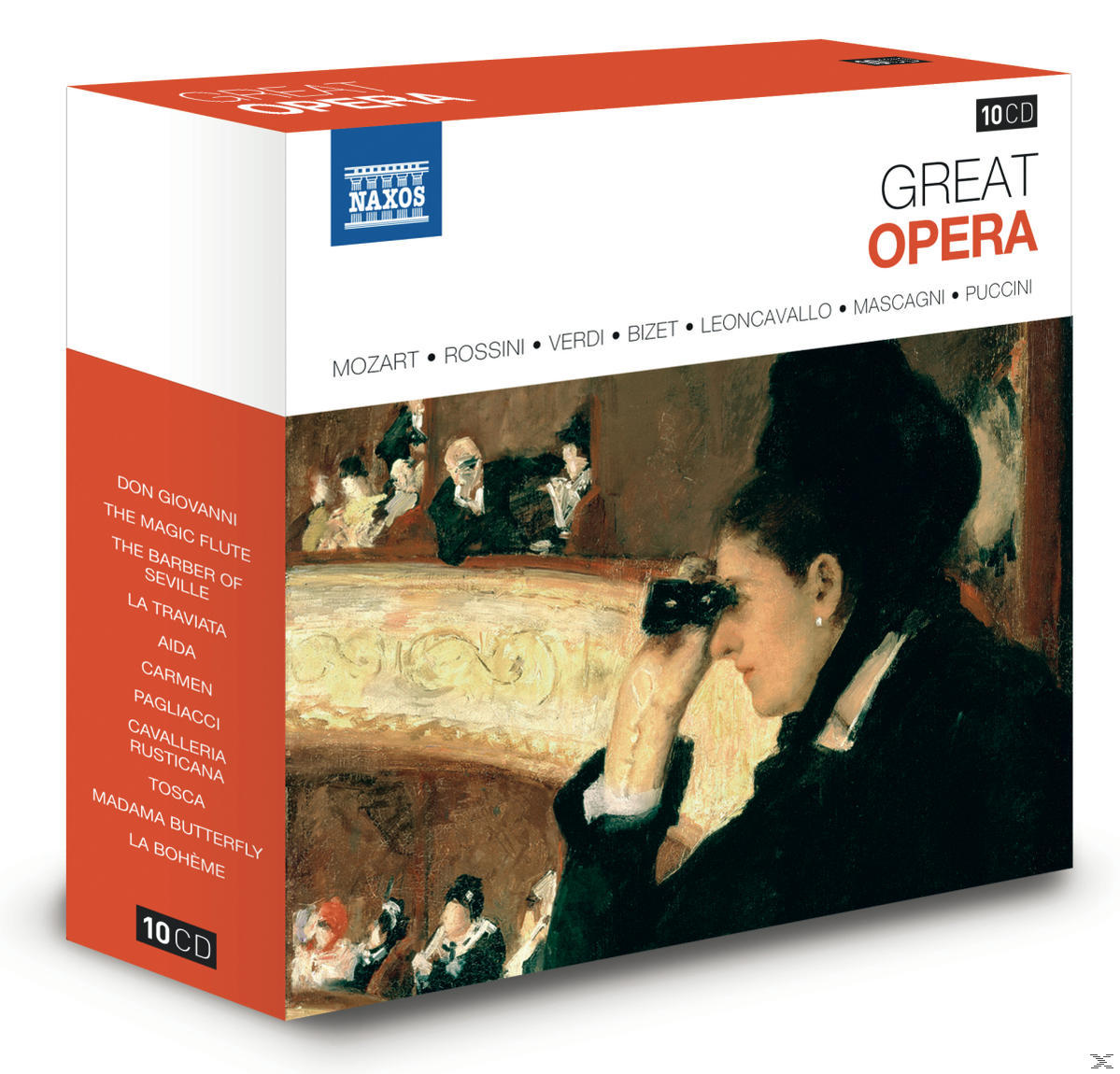 Box-Set mit Bild einer Frau, die eine Bühne in einem Theater betrachtet, mit mehreren Titeln.