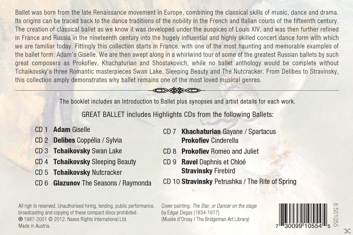CD-Cover mit Text über Ballett. Enthält ein Bild einer Ballettbühne und Highlights des Balletts.