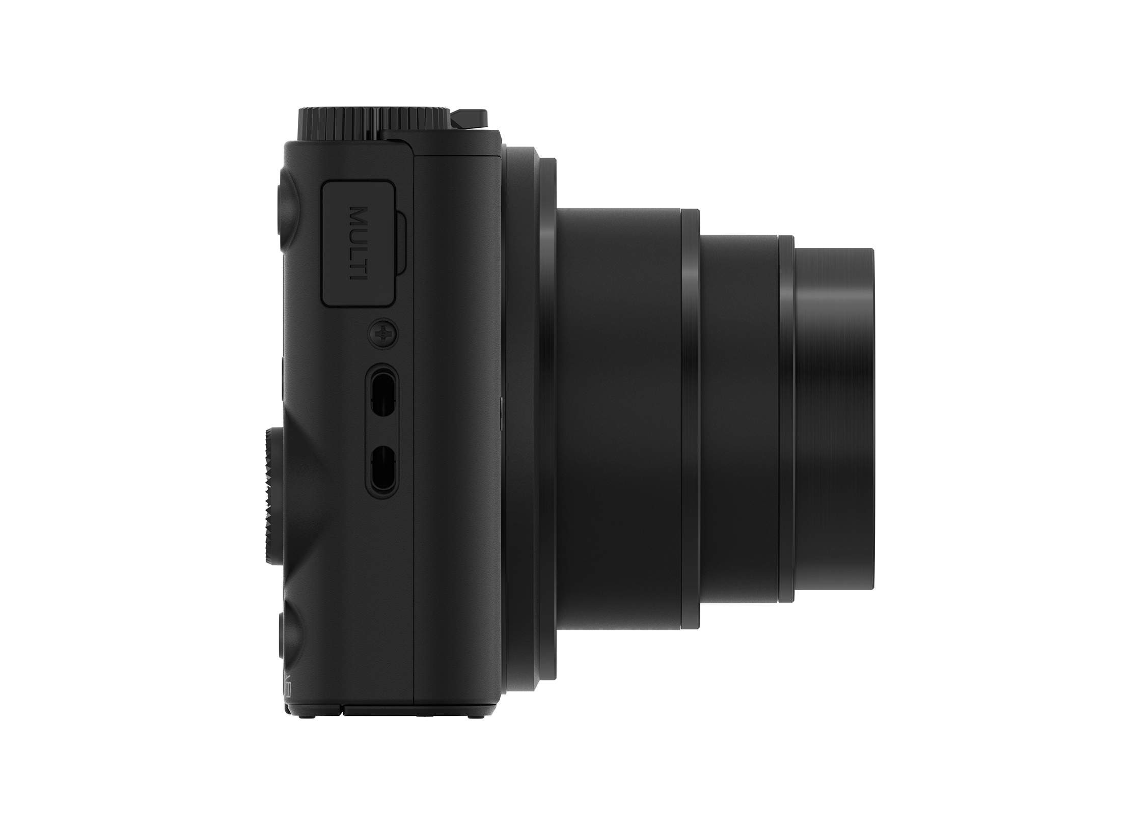 Schwarze Digitalkamera, Seitenansicht, mit ausgefahrenem Objektiv, weißer Hintergrund.