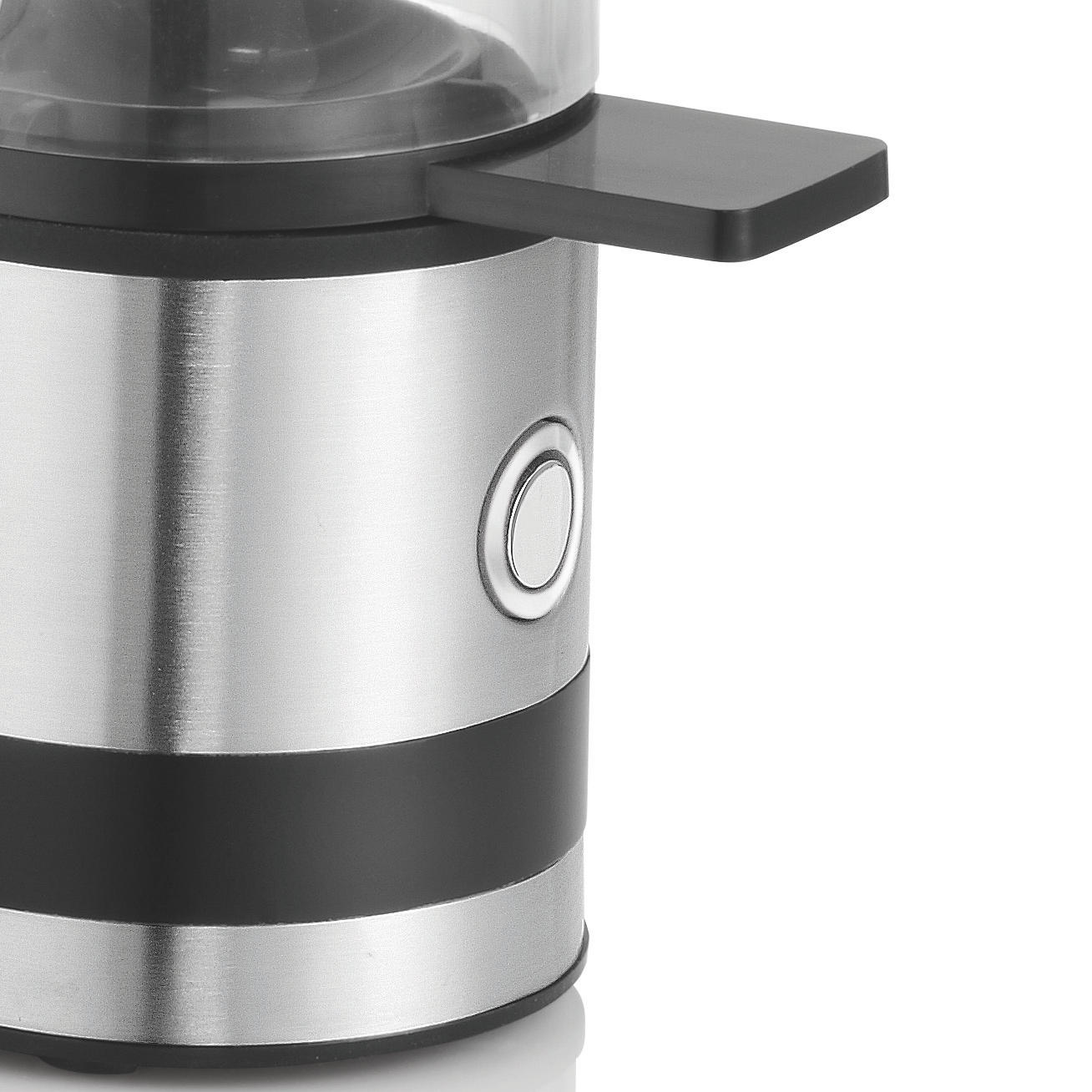 Close-up of a silver and black coffee grinder with a black lid.