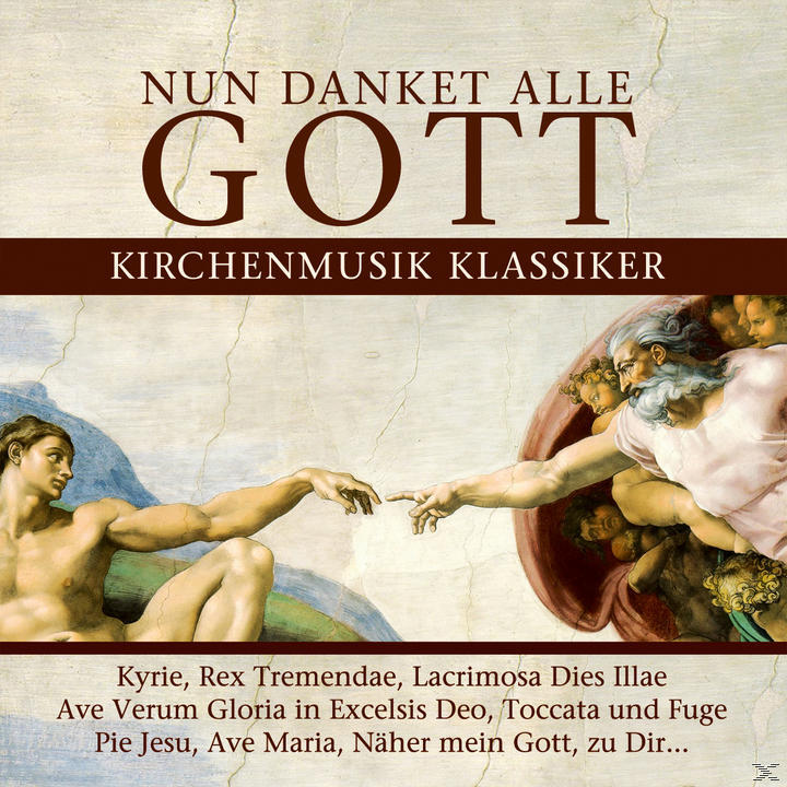 Albumcover: Nun Danket Alle Gott, Kirchenmusik Klassiker, mit religiöser Kunst von zwei Figuren.