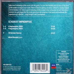 CD-Cover: Schubert Impromptus. Alfred Brendel spielt Klavier. Dunkel türkisfarbener Hintergrund.