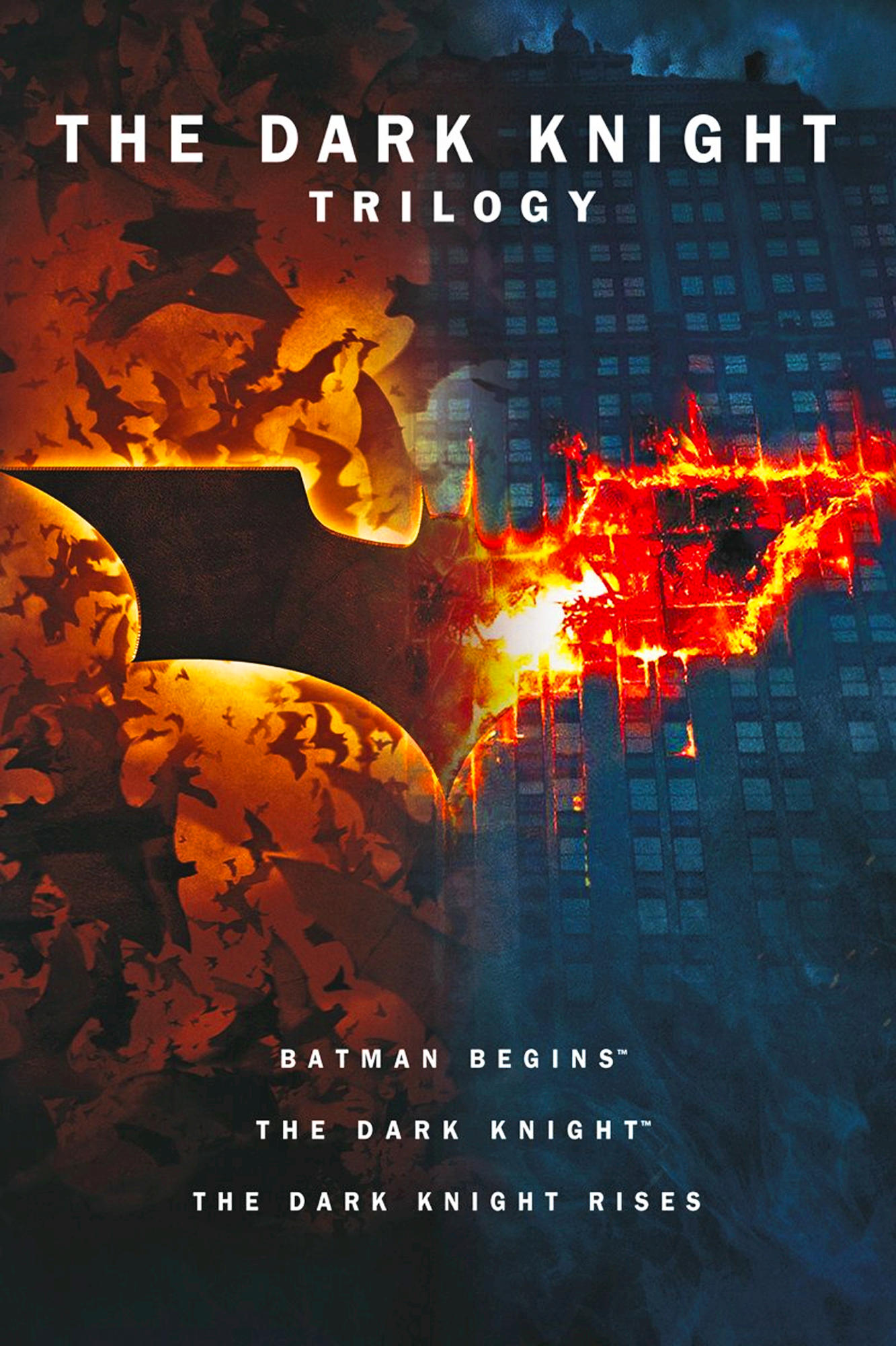 Affiche de la trilogie The Dark Knight, logo Batman, ville, effet d'explosion.
