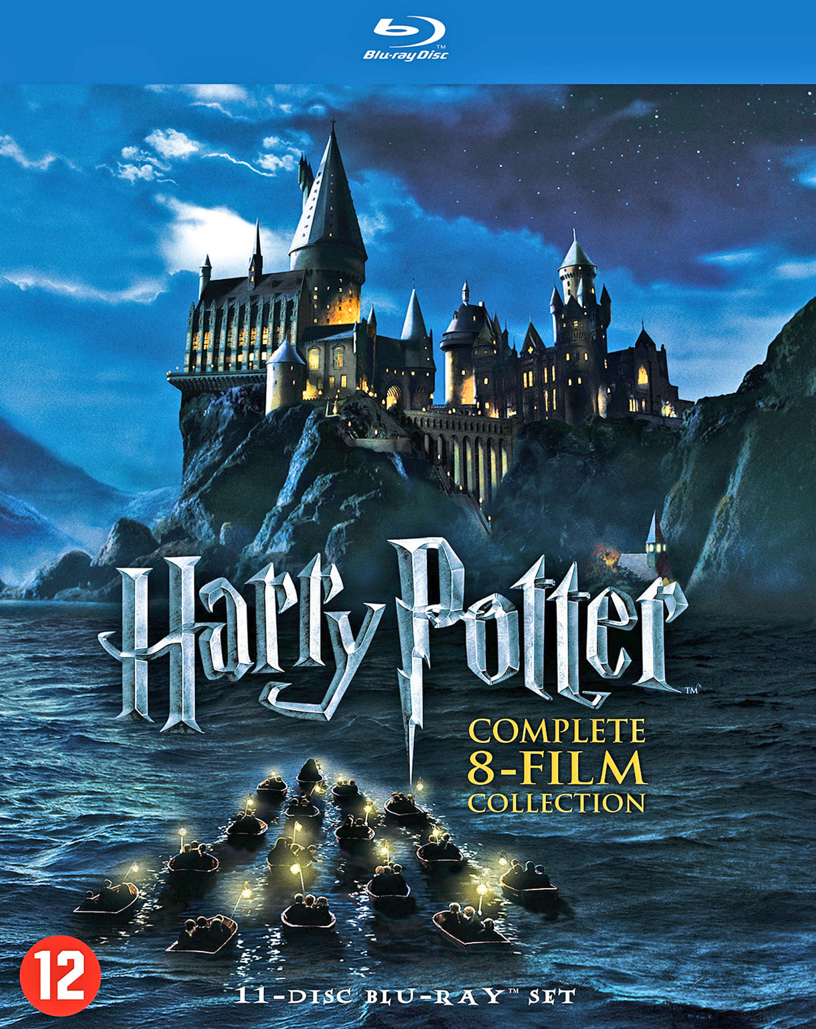Blu-ray cover for Harry Potter complete 8-film collection. Features Hogwarts castle and water with lights.