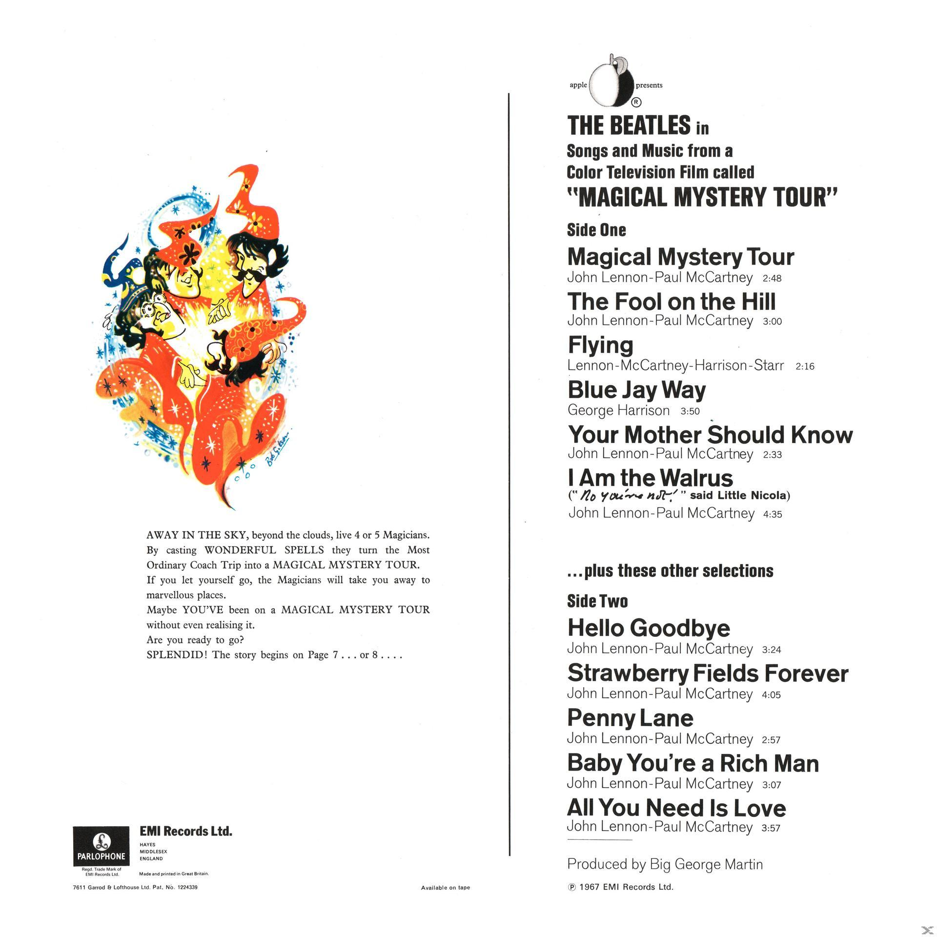 Albumcover für 'Magical Mystery Tour' von The Beatles. Mit einer farbenfrohen Illustration und Trackliste.