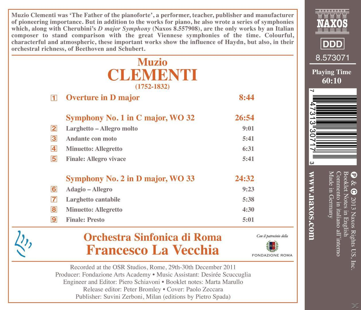 CD-Rückseite mit Titelliste für Werke von Muzio Clementi. Weißer Hintergrund, schwarzer Text und Logo.