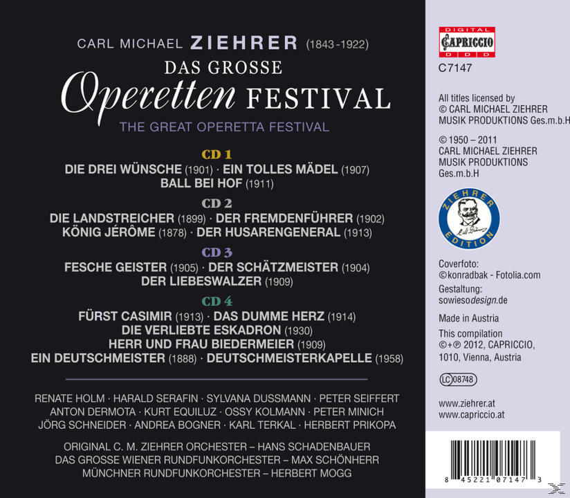 CD-Cover mit dem Titel 'Das Grosse Operetten Festival'. Enthält Text und eine Liste von Liedern. Schwarzer Hintergrund.