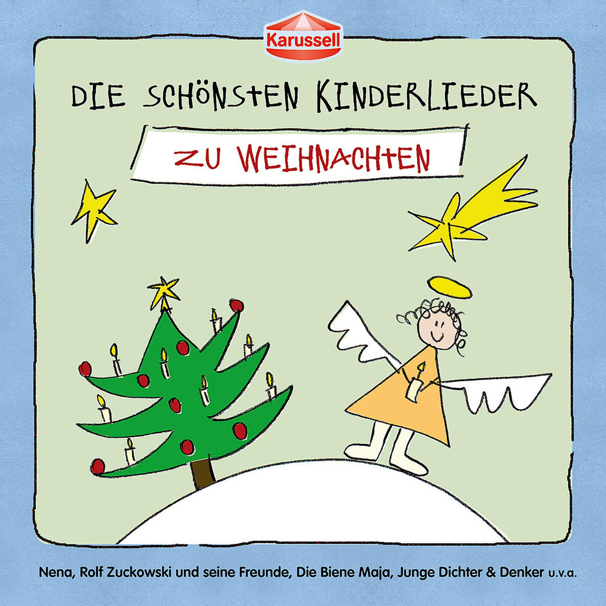 Albumcover, Cartoon-Engel, Weihnachtsbaum, Schnee.