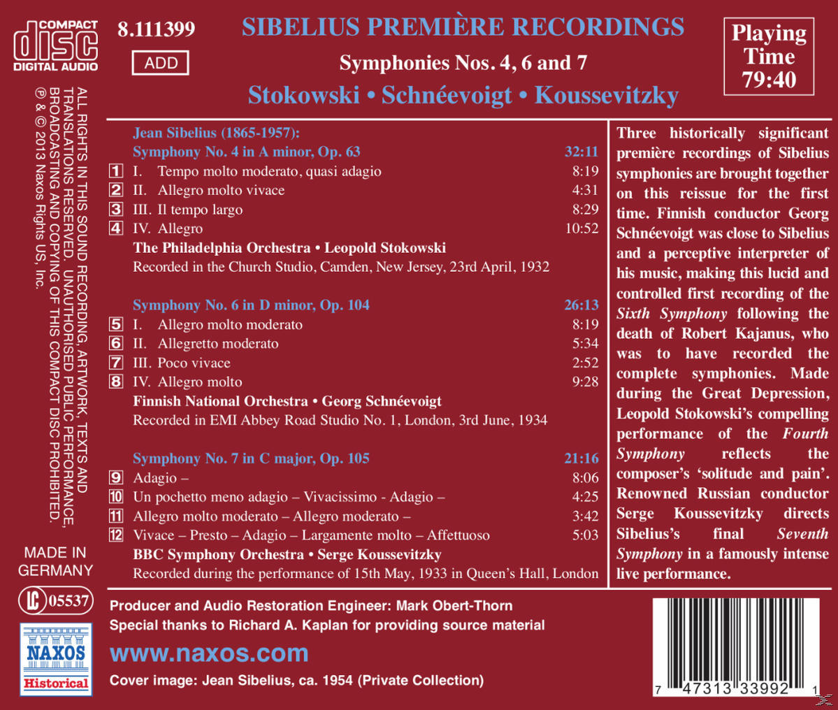 Albumcover mit Text und Noten. Text: SIBELIUS PREMIERE RECORDINGS. Spielzeit 79:40.