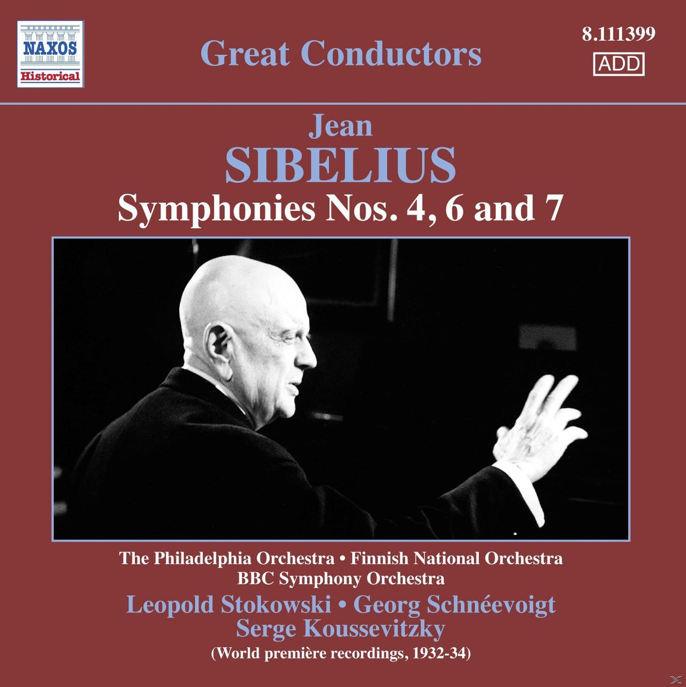 Mann dirigiert Orchester. Text: Jean Sibelius, Symphonien Nr. 4, 6 und 7.