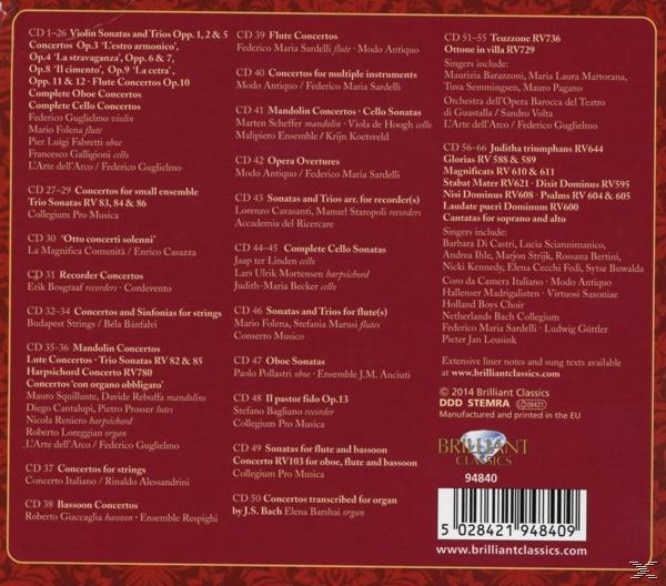 CD-Rückseite, Titelliste für mehrere Instrumente, darunter Cello- und Blockflötenkonzerte.