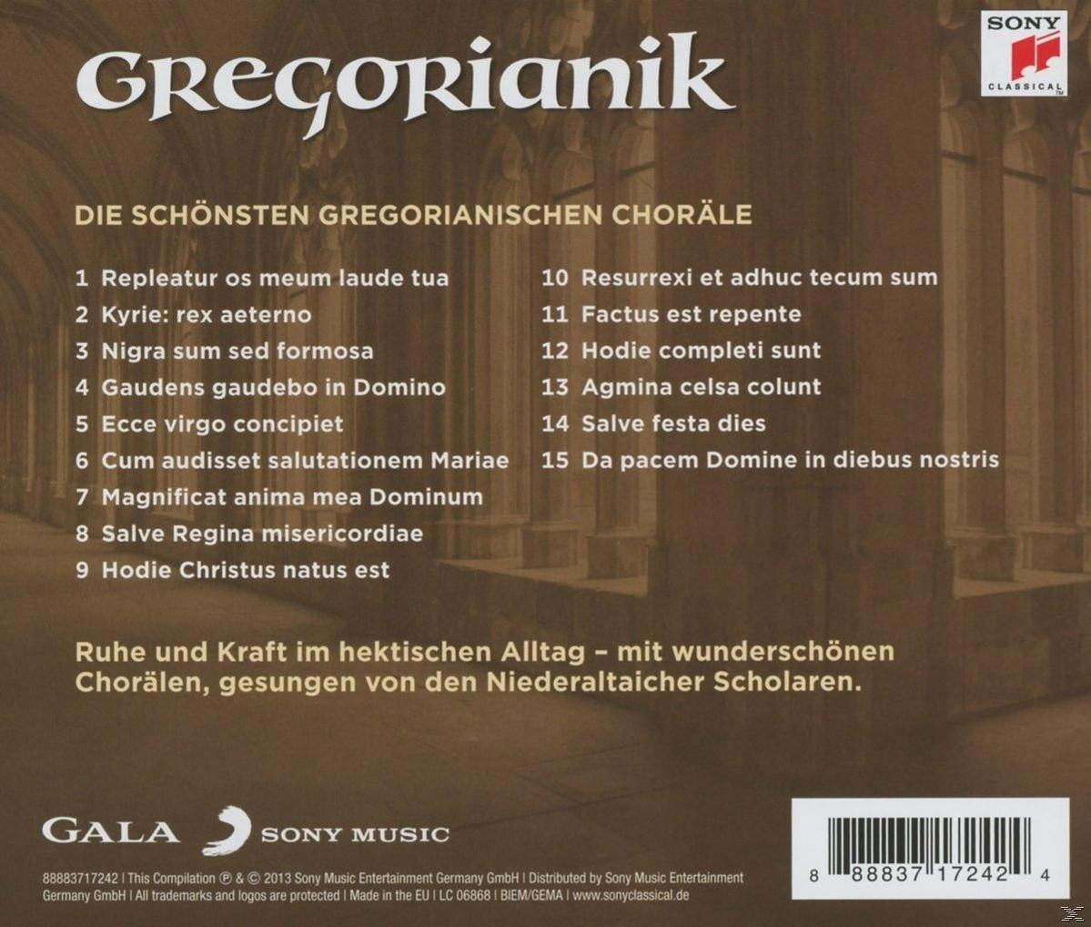 Albumcover mit Text: Gregorianik. Foto eines Kircheninneren. Noten und Text auf der Rückseite.