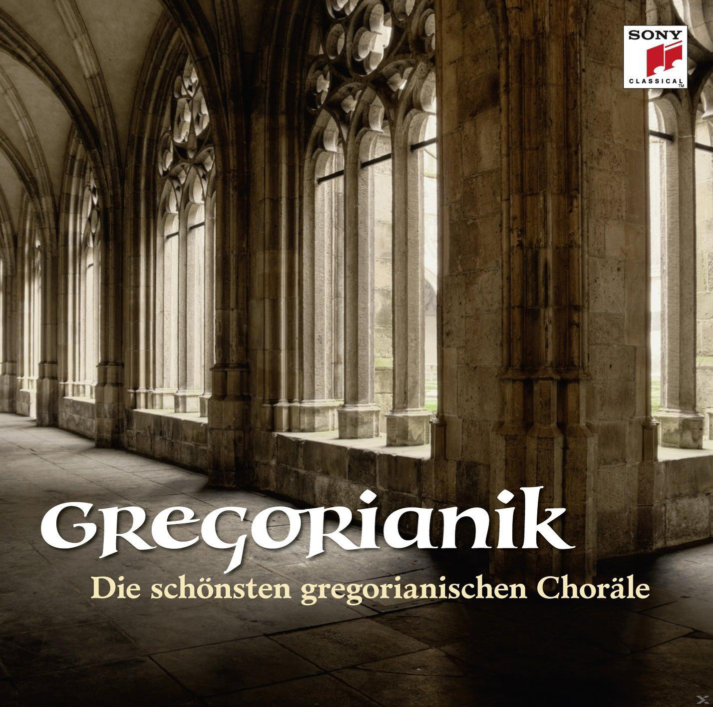 Albumcover: gotische Architektur, Text "Gregorianik" und die Worte "Die schönsten gregorianischen Choräle".