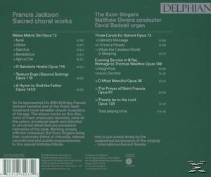 Rückseite des CD-Covers: Francis Jackson, Geistliche Chorwerke. Text mit Liedern. Grüner Hintergrund. Delphian-Logo.