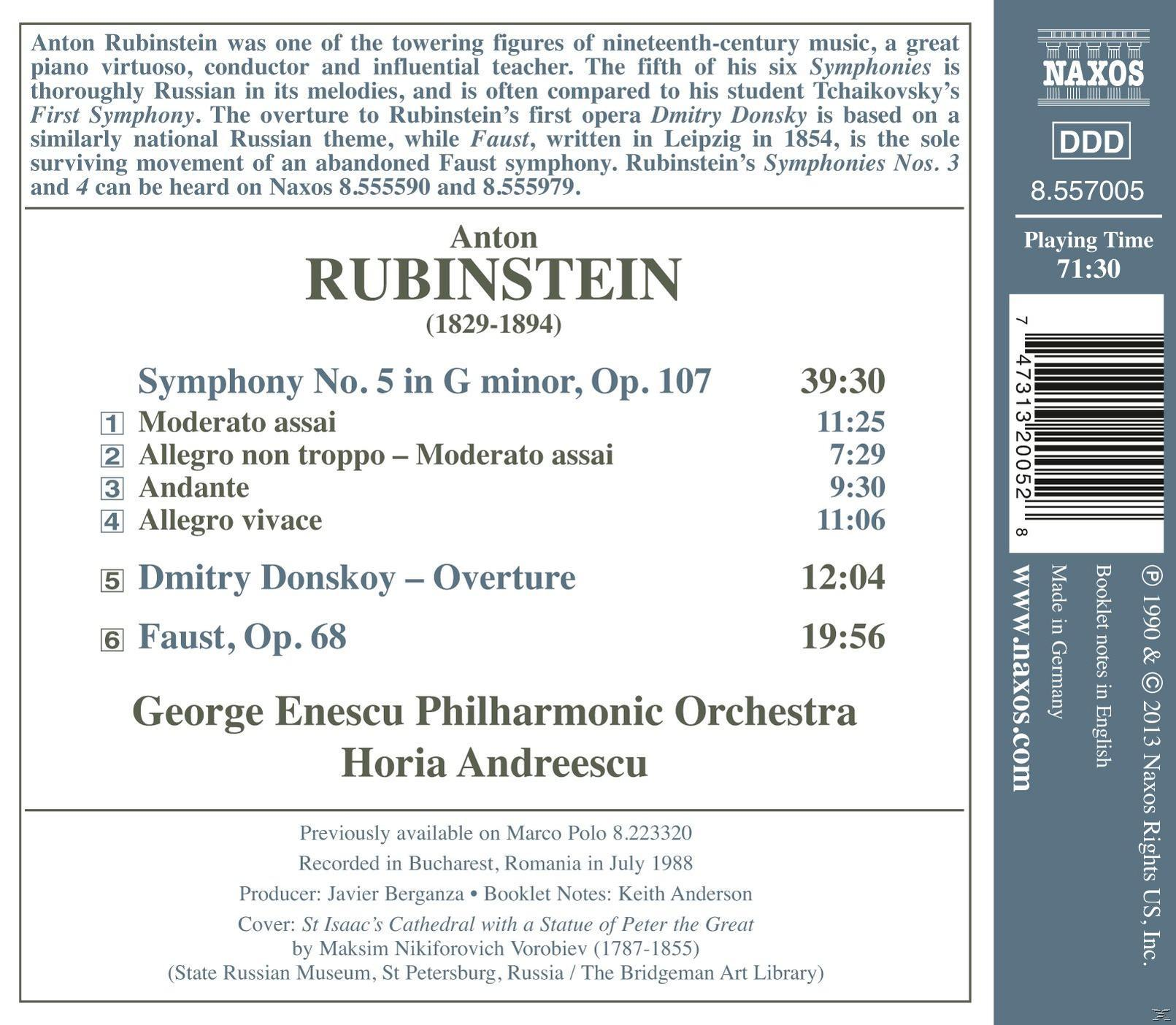 CD-Rückseite mit Titelliste für Anton Rubinsteins Symphonie. Weißer Hintergrund, schwarzer Text und Logo.