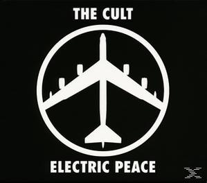 Schwarzes Albumcover mit einem weißen Flugzeug in einem Kreis mit 'THE CULT' und 'ELECTRIC PEACE'.