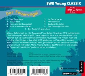 CD-Rückseite. Blauer Hintergrund mit Text und einer Liste von Liedern: Der Feuervogel.
