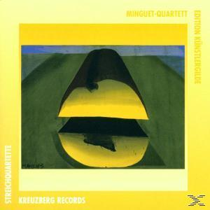 Ein CD-Cover mit abstrakter Kunst, gelben und blauen Farben und dem Text Minguet-Quartett.