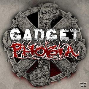 Albumcover von Gadget Phobia mit grau-rotem Design, Text und Symbol.