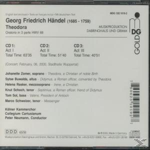 CD-Cover mit Titelliste und Künstlerdetails für Georg Friedrich Händels Theodora.