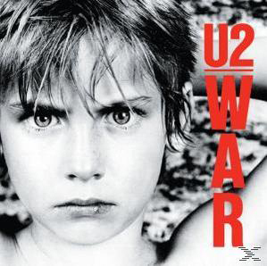U2-Albumcover. Das Gesicht eines jungen Knaben mit rotem 'WAR'-Text darüber. Schwarzweiß mit rotem Text.