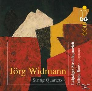 Albumcover von Jörg Widmanns Streichquartetten mit abstrakter Kunst in Rot, Schwarz, Gelb und Weiß.