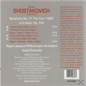 CD-Cover mit Text über Schostakowitschs Symphonie Nr. 11. Grauer Hintergrund, Text in Weiß und Rot.