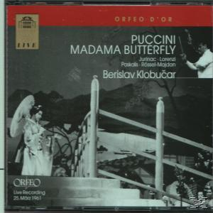 Albumcover mit zwei Figuren auf einer Bühne. Text sagt 'Puccini Madama Butterfly' und nennt die Interpreten.