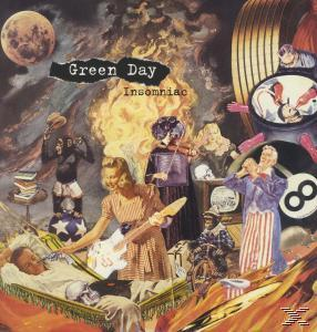 Albumcover von Green Days Insomniac, Collage-Stil, mit verschiedenen Bildern und Text.