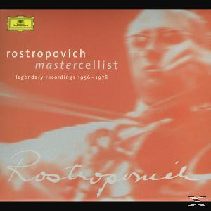 Albumcover mit Orangetönen, Rostropowitsch-Name und -Bild sowie Text.