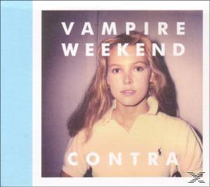 CD-Cover mit dem Gesicht einer blonden Frau, dem Wort 'Contra' und dem Bandnamen 'Vampire Weekend'.