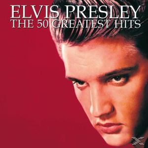 Elvis Presley, roter Hintergrund, Albumcover 'The 50 Greatest Hits'.