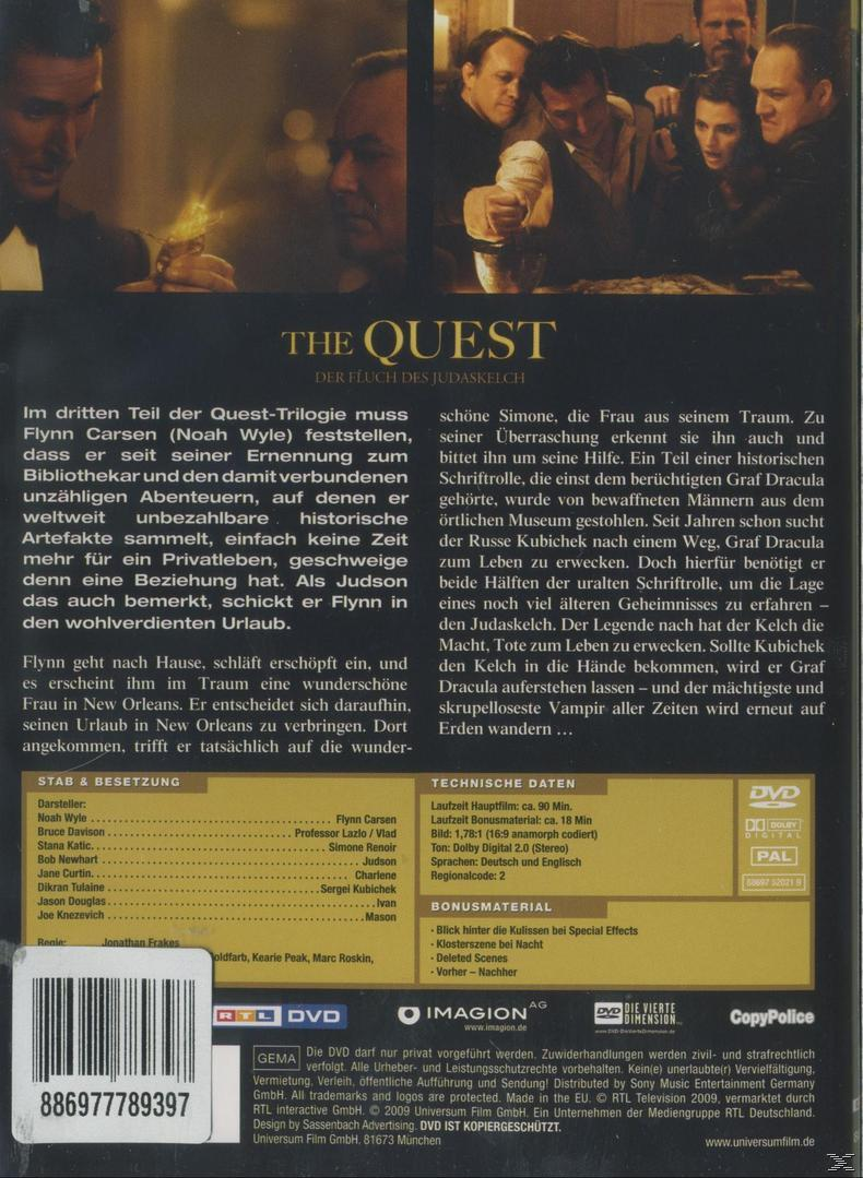 DVD-Cover für The Quest, mit Noah Wyle und Besetzung. Text in mehreren Sprachen, dunkler Hintergrund.