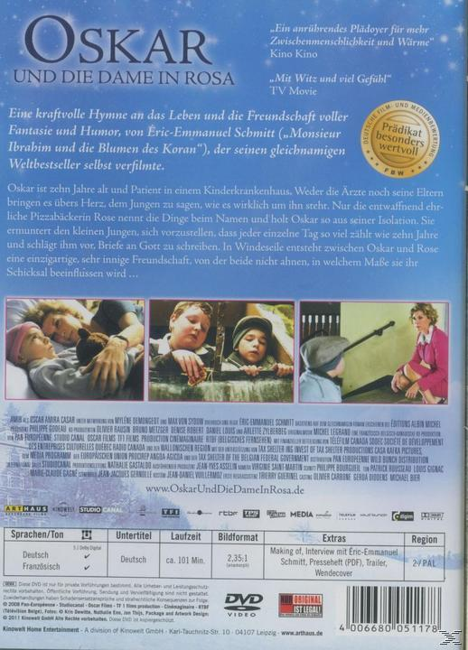 DVD-Cover: Oskar und die Dame in Rosa. Bilder aus dem Film, Text auf Deutsch. Auszeichnungen und Credits gelistet.
