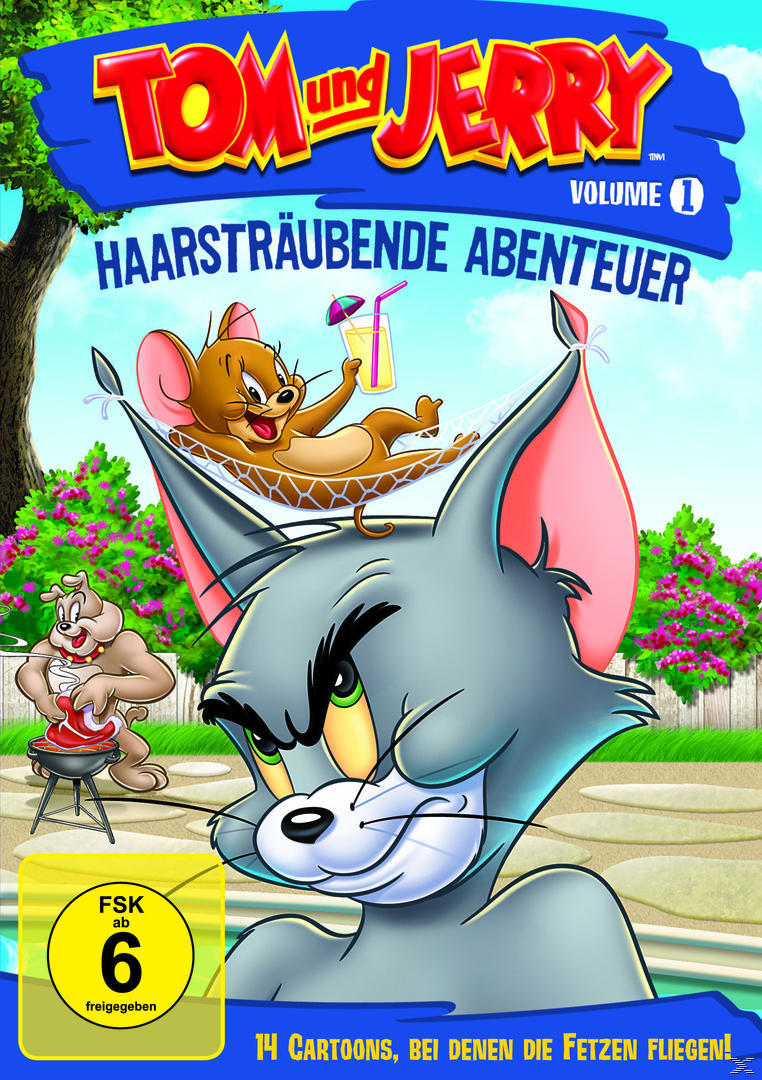 Tom und Jerry DVD-Cover. Katze, Maus in Hängematte, Hund. Text: Haarsträubende Abenteuer.