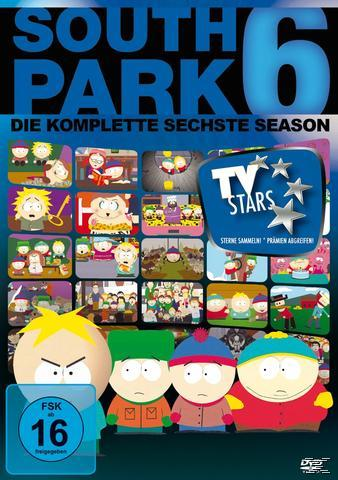 South Park Staffel 6 DVD-Cover. Zeichentrickfiguren in einem Raster von Bildern.